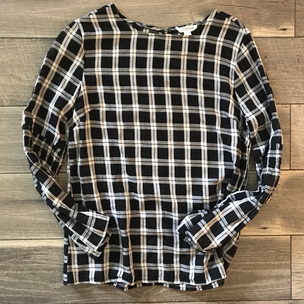🤎Beachlunchlounge Black White Plaid Blouse Shirt S